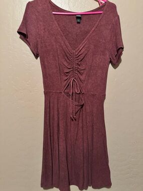 a new day Mauve Ribbed Drawstring V-Neck Fit & Flare Dress